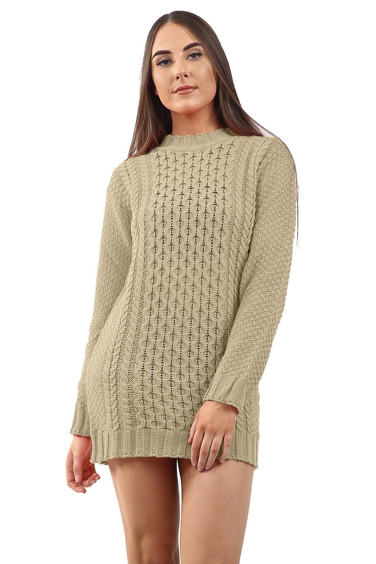 New Ladies Women Knitted Long Sleeve Cable Knit Jumper Stretch Dress Top Sweater