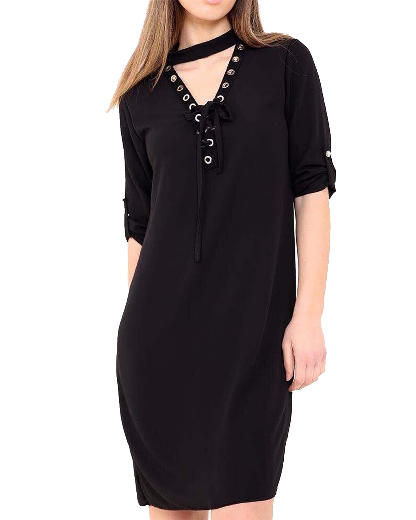 Womens Ladies Lace Up Eyelet Choker V Neck Chiffon Mini Shirt Dress Size UK 8-14