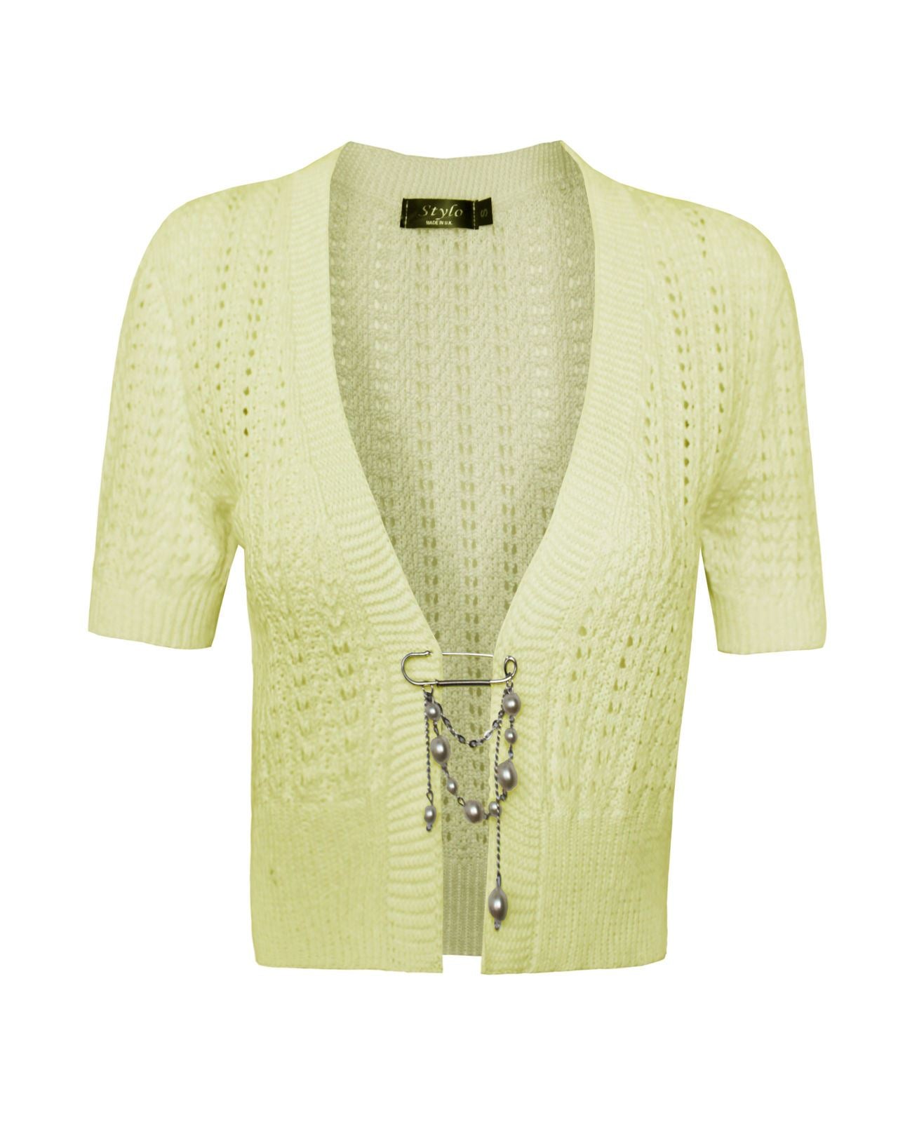 Ladies Womens knitted Short Sleeves Brooched CARDIGAN New Shrug Crop TOP 8-16