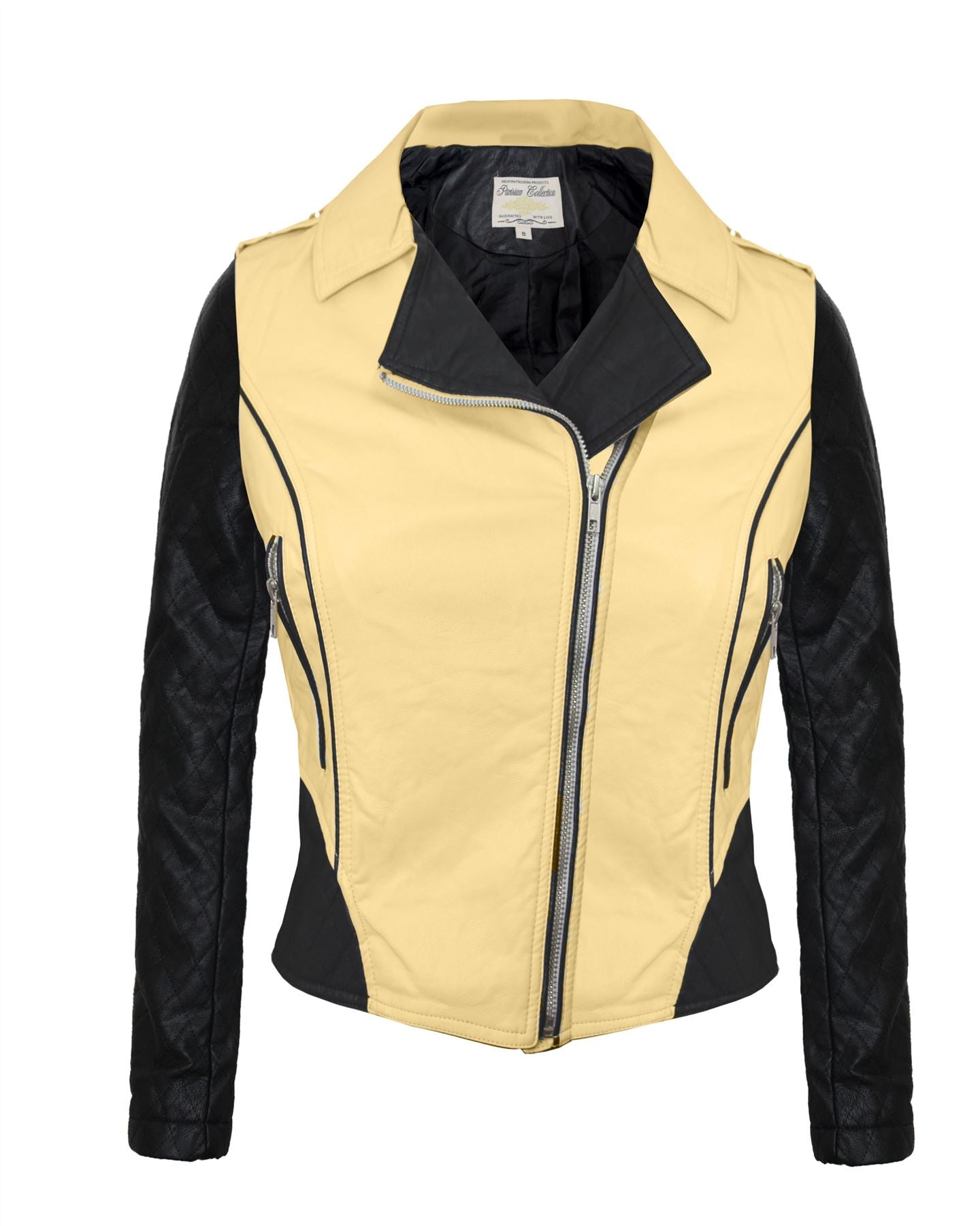 Ladies Women Pvc Pu Faux Leather Two Tone Bomber Biker Collar Jacket Side Zip