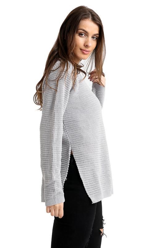 New Ladies Women’s Knitted Round Neck Long Sleeve Side Split Jumper Top Sweater