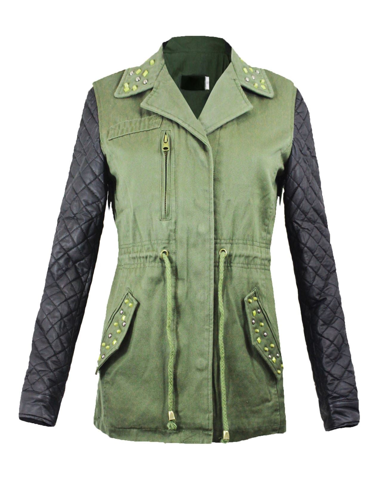 LADIES WOMEN LEATHER PVC QUILTED SLEEVES RIVETS STUDS MILITARY PARKA JACKET COAT