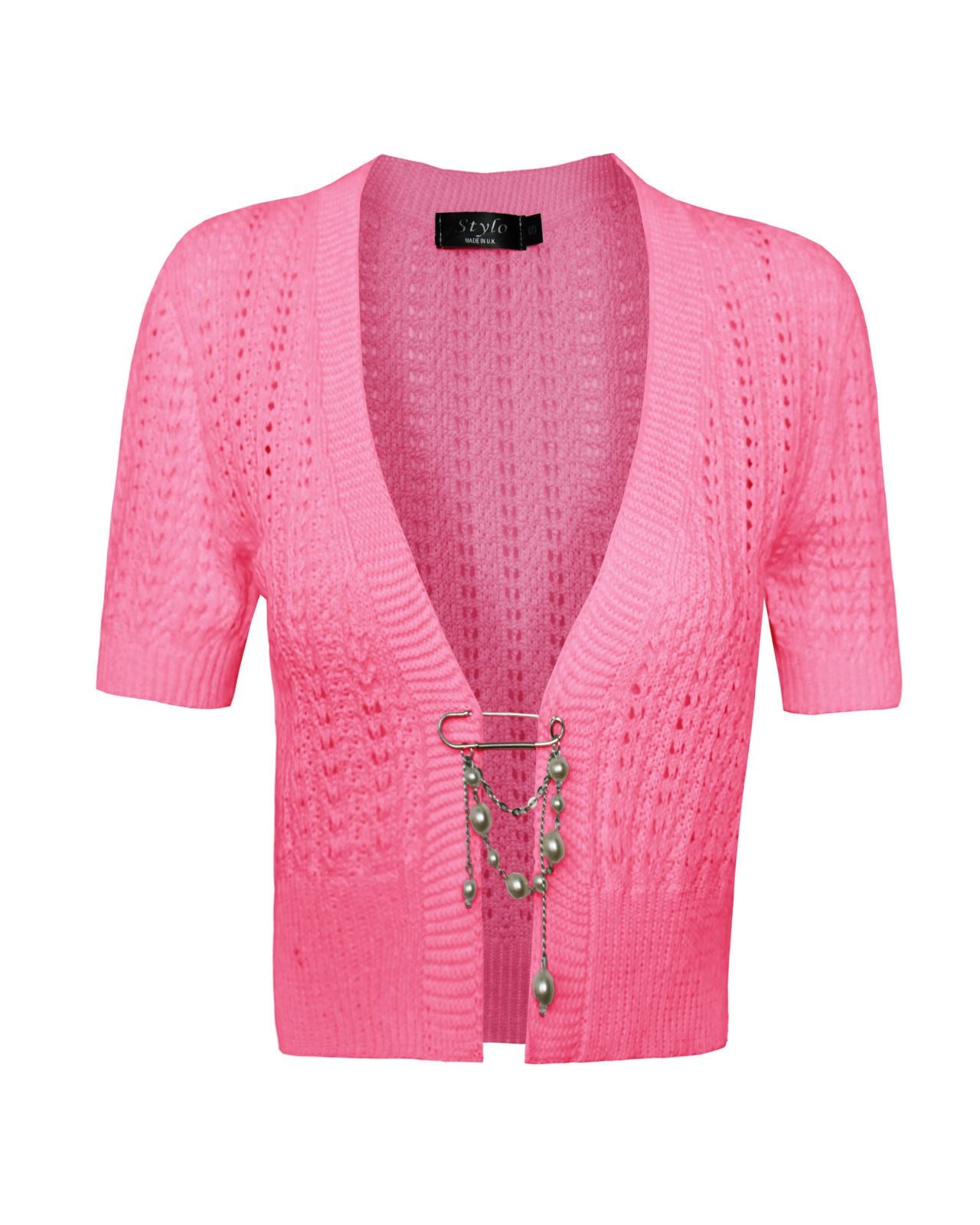 Ladies Womens knitted Short Sleeves Brooched CARDIGAN New Shrug Crop TOP 8-16