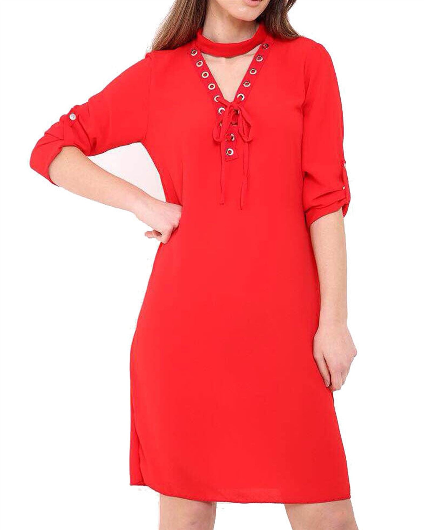 Womens Ladies Lace Up Eyelet Choker V Neck Chiffon Mini Shirt Dress Size UK 8-14