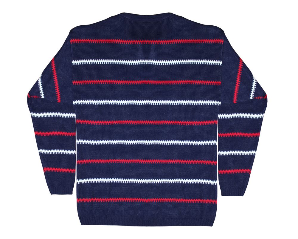 Mens Knitted Stripe Long Sleeve Navy Blue Jumper Top Chunky Knit Sweater 8-14