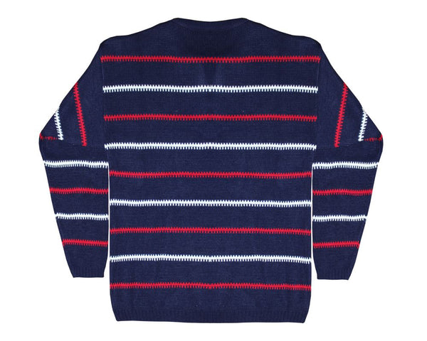 Mens Knitted Stripe Long Sleeve Navy Blue Jumper Top Chunky Knit Sweater 8-14