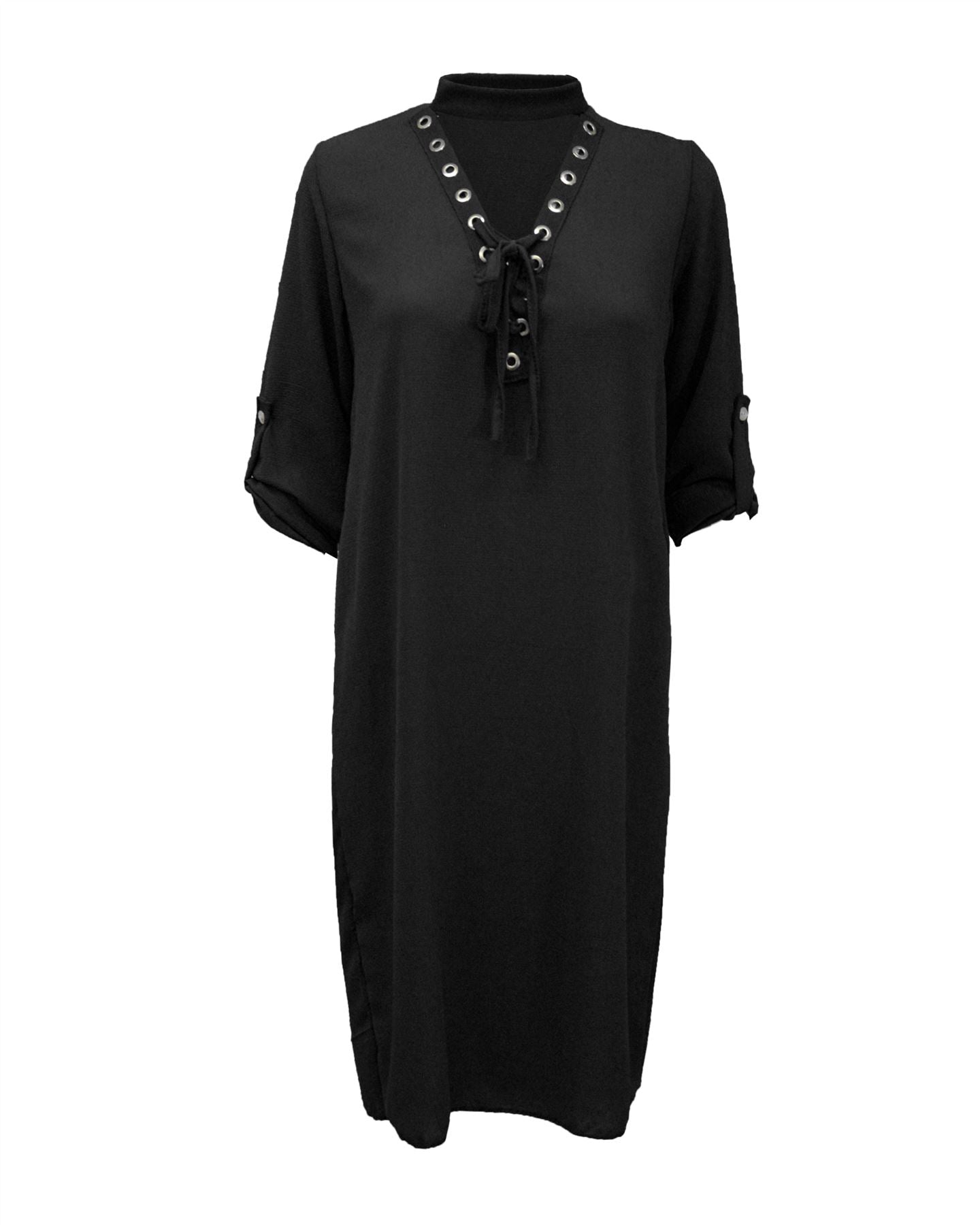 Womens Ladies Lace Up Eyelet Choker V Neck Chiffon Mini Shirt Dress Size UK 8-14