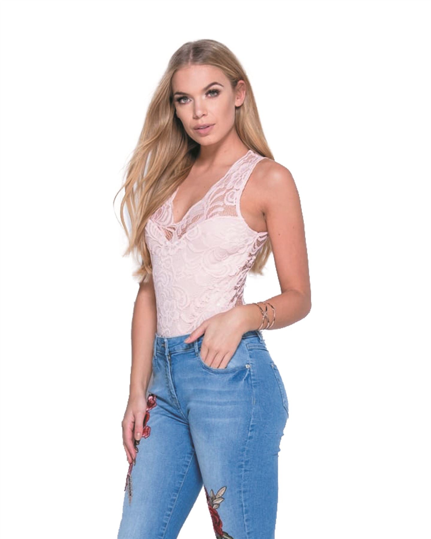 Women Ladies Sleeveless Scallop Lace V Neck Bodysuit Leotard Lace Top Jumpsuit