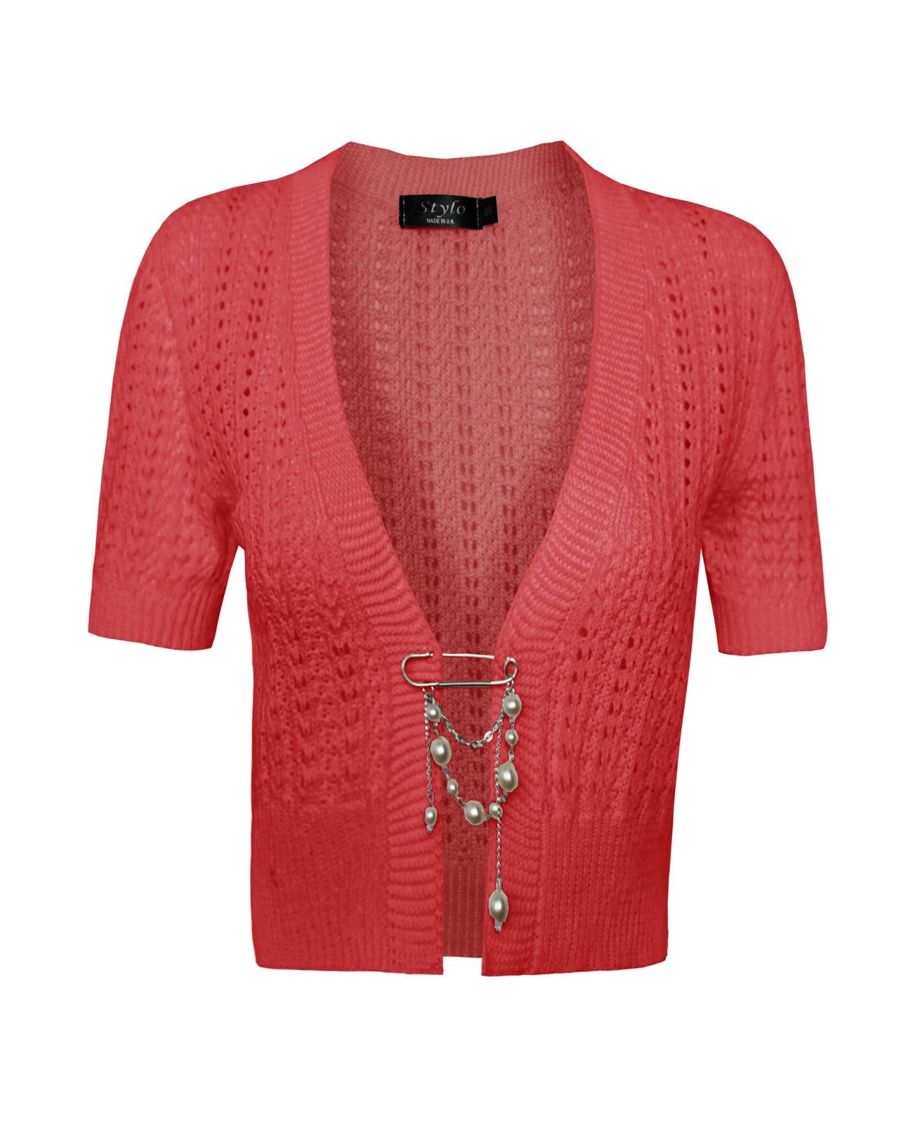 Ladies Womens knitted Short Sleeves Brooched CARDIGAN New Shrug Crop TOP 8-16
